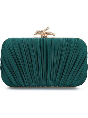 Women Dark Green Pleated Clutch Purse For With Chain Wedding Party Evening Bag